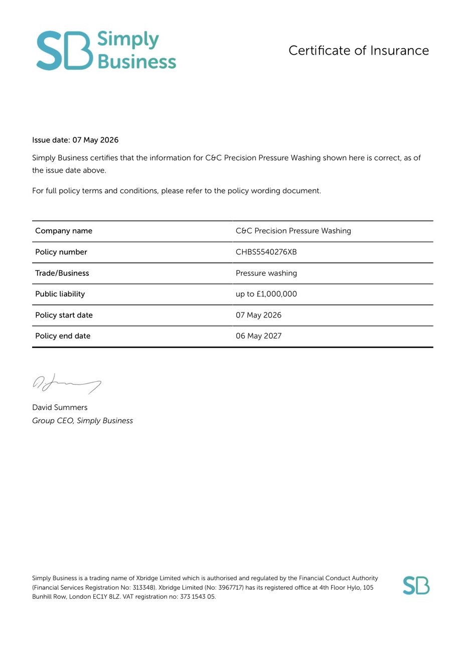 C&C Precision Pressure Washing insurance certificate