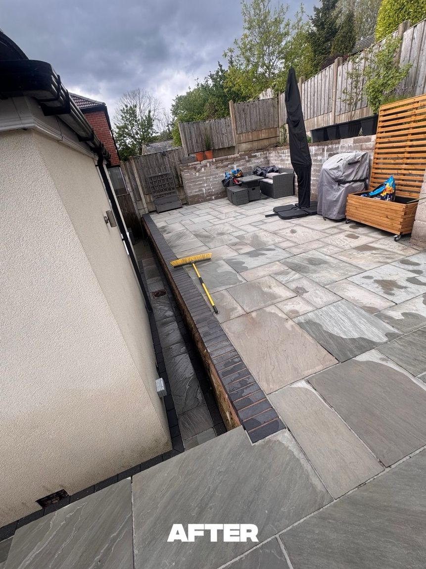 Large porcelain patio after professional pressure washing