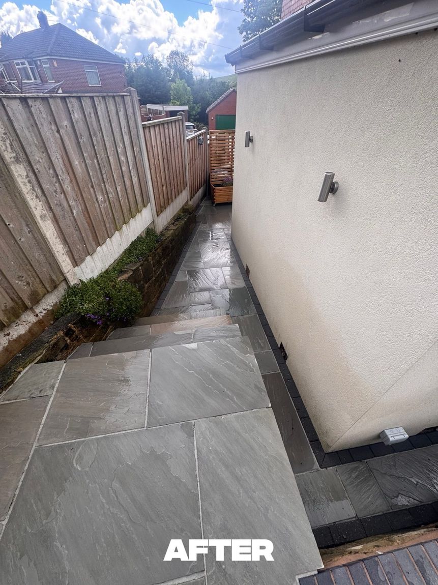 Path before and after pressure washing in Oldham